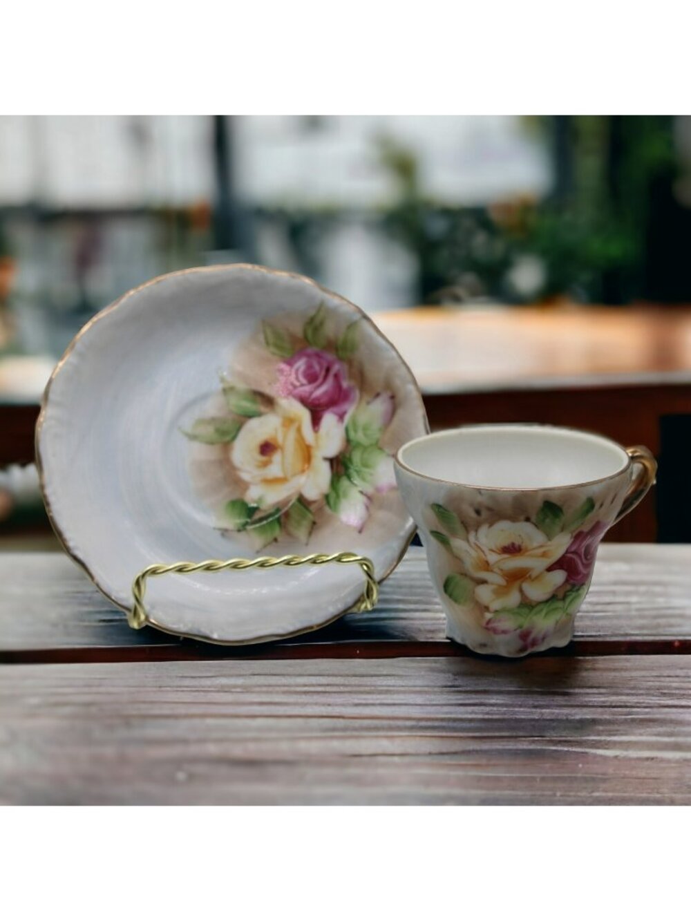 Vintage Lugene’s Japan Hand Painted Floral Cabbage Roses Demitaisse Cup & Saucer